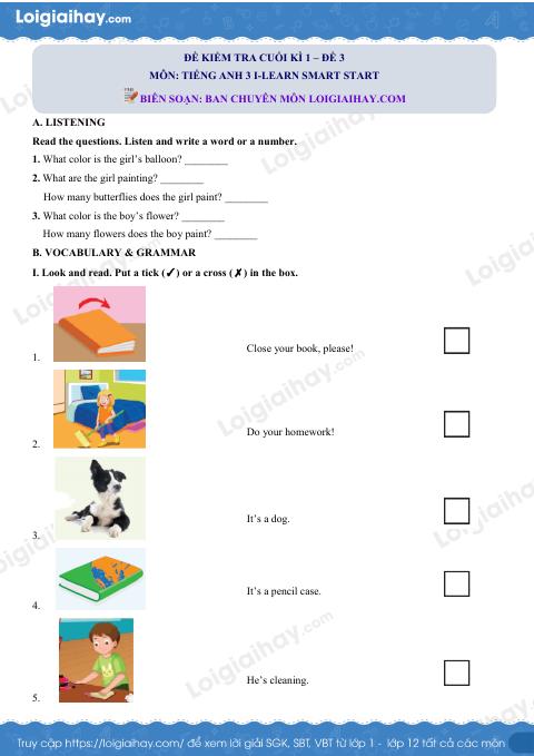 Đề thi học kì 1 Tiếng Anh 3 iLearn Smart Start - Đề số 3